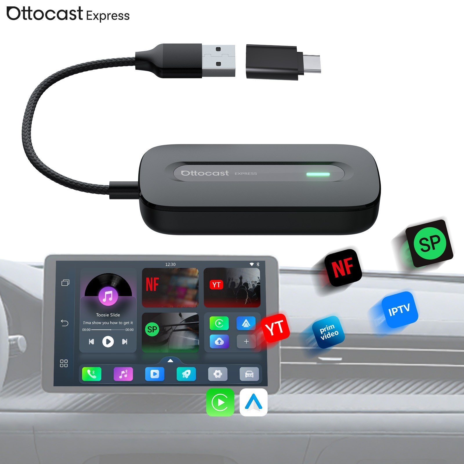 Ottocast 3in1 Wireless CarPlay Android Auto Video Box Android 12 Netflix YouTube