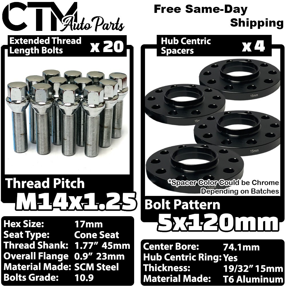 4x 15mm Thick 5x120 74.1 CB Hubcentric Wheel Spacer Chrom 14x1.25 Bolt BMW X5 X6