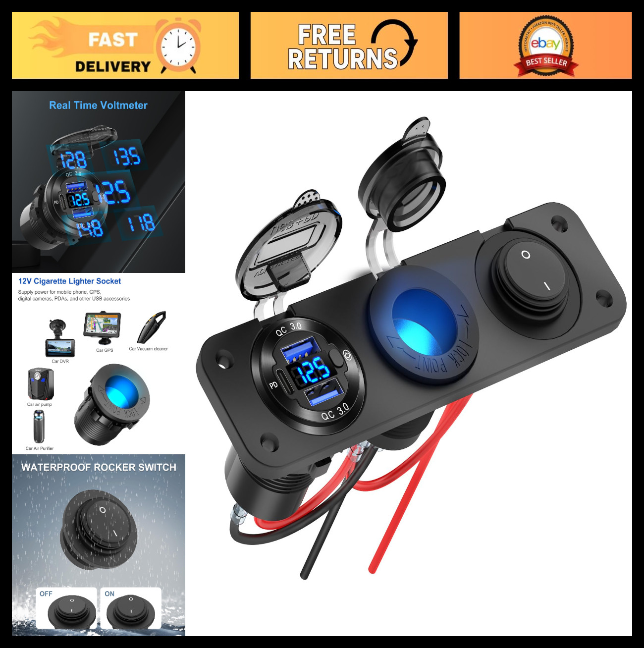12V USB Outlet Marine Switch Panel, PD3.0 & Dual QC3.0 Ports, 150W Socket Kit