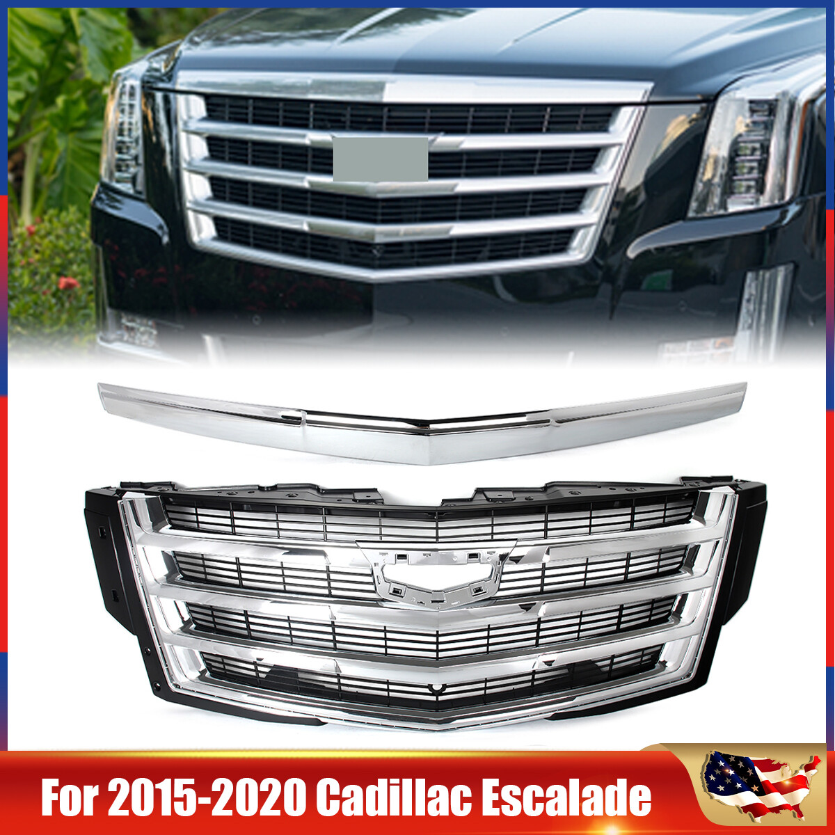 2PCS Chrome Front Upper Grille + Hood Molding Trim For Cadillac Escalade 2015-20