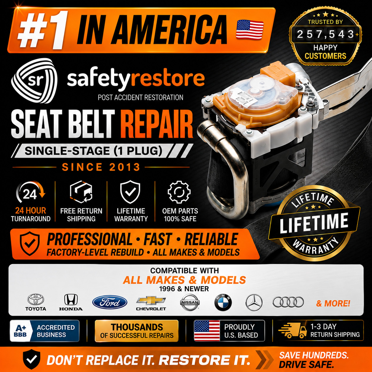SINGLE STAGE SEAT BELT REPAIR SERVICE BY #1 IN USA SAFETY RESTORE ORIGINAL OEM