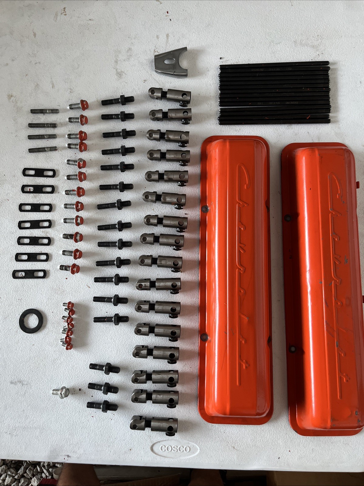 SBC Chevy Orange Steel Valve Covers Roller Lifters Pushrods Head Studs Lot