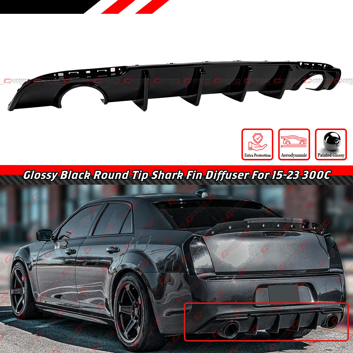 For 15-2023 Chrysler 300 SRT Gloss Black Shark Fin Rear Bumper Diffuser Valance