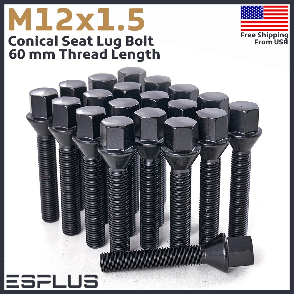 16 Pc BMW Lug Bolts M12x1.5 Black 60 mm Fit 4-Lugs BMW With 30-34 mm Spacer