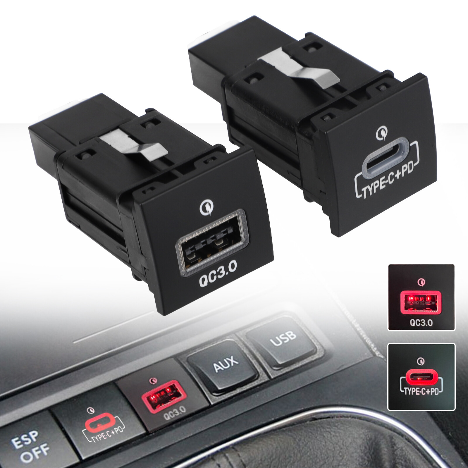 USB QC3.0 Charger + PD For VW Jetta MK6 2010-2014 Golf GTI R-Line 2006-2013 MK5 USB QC3.0 Charger + PD For VW Jetta MK6 2010-2014 Golf GTI R-Line 2006-2013 MK5