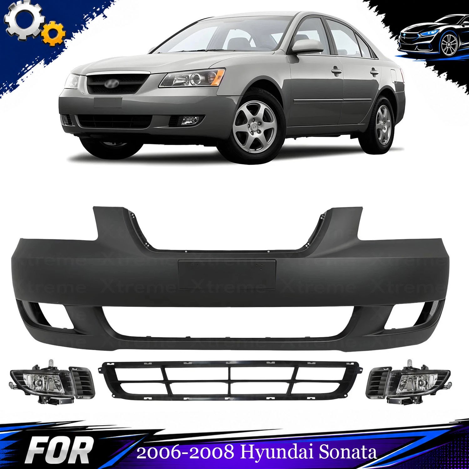 Front Bumper Cover Primed Plastic & Fog Lights Kit For 2006-2008 Hyundai Sonata