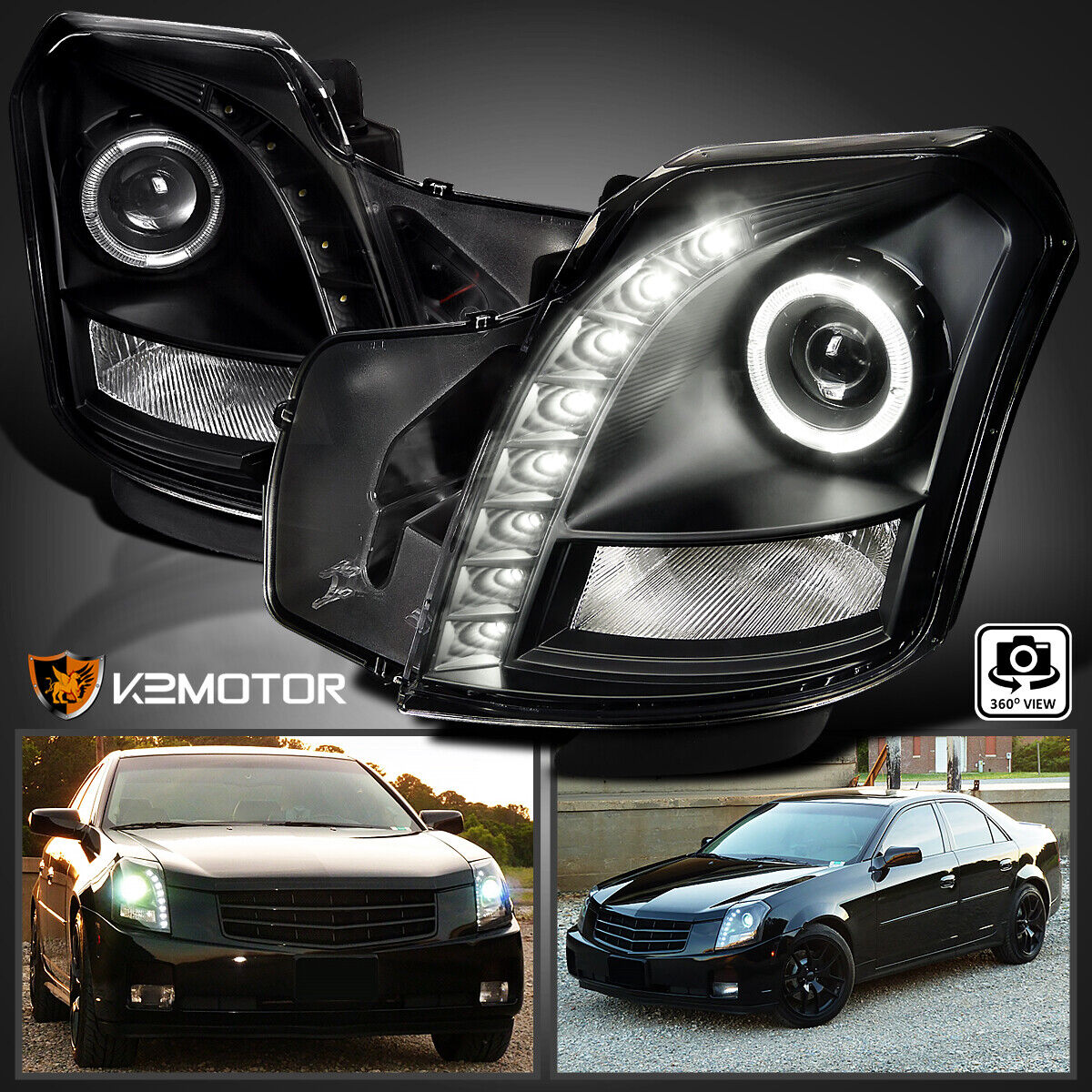 Black Fits 2003-2007 Cadillac CTS LED Strip Halo Projector Headlights Lamp 03-07