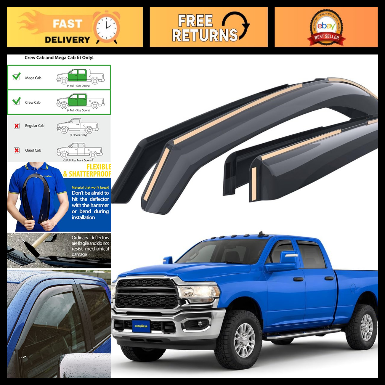 Shatterproof In-Channel Window Deflectors for Dodge RAM 2500 3500 2019-2026, Rai