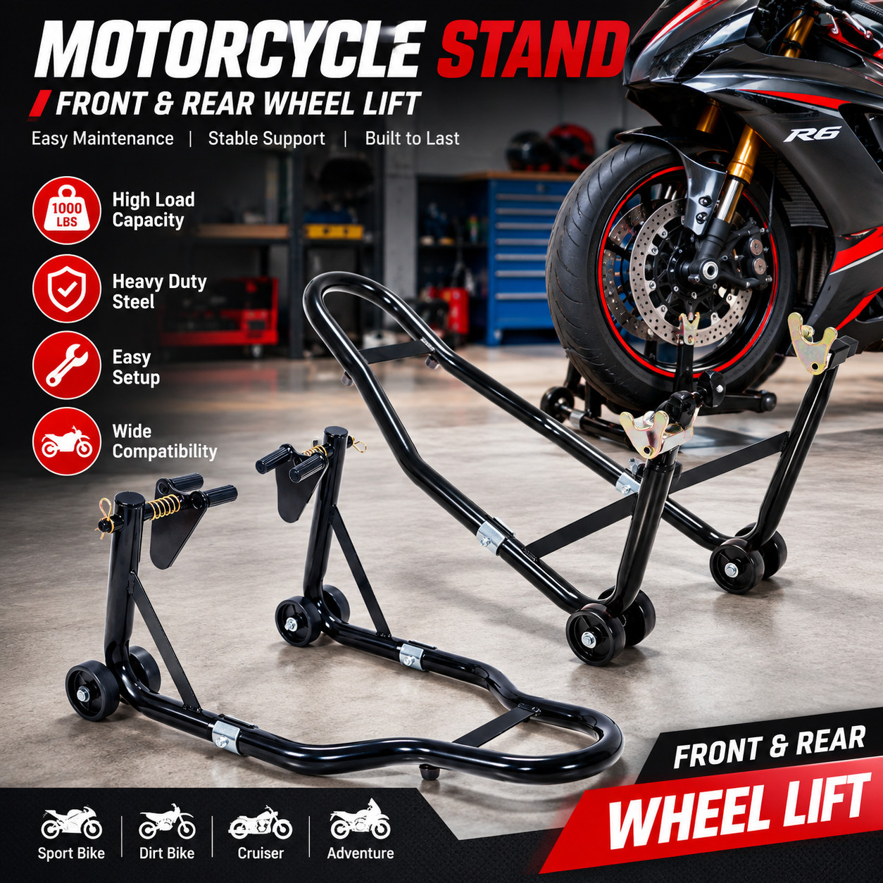 1000LB Motorcycle Stand Sport Bike Front Rear Wheel Lift Paddock Swingarm Stand