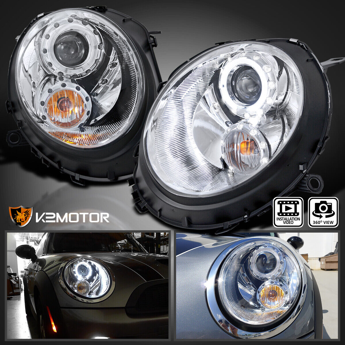 Fits 2007-2013 Mini Cooper S Clear LED Halo Projector Headlights Signal Lamp L+R