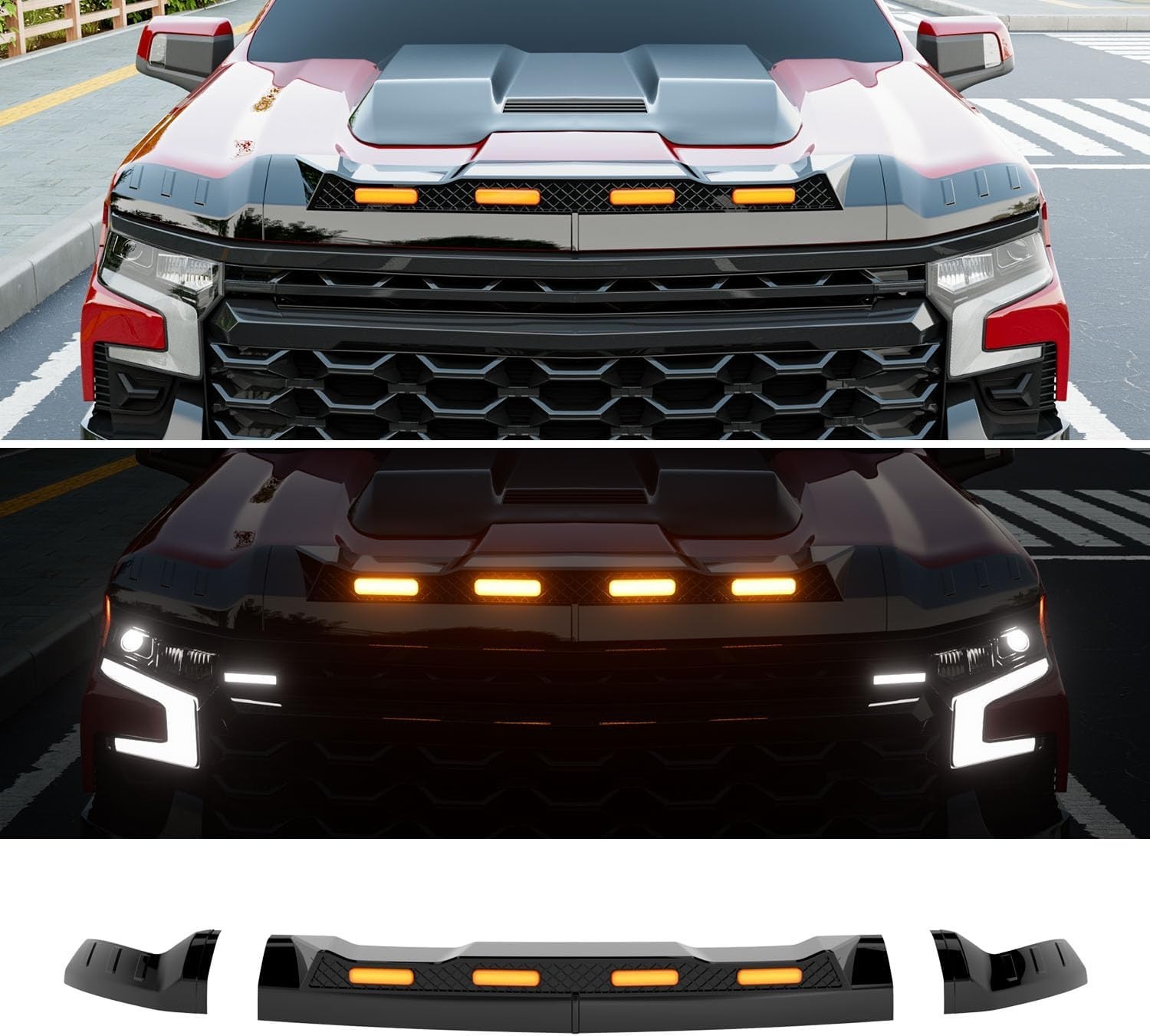 For 2019-2024 Chevy Silverado 1500 Hood Protector with LED Light Hood Deflector