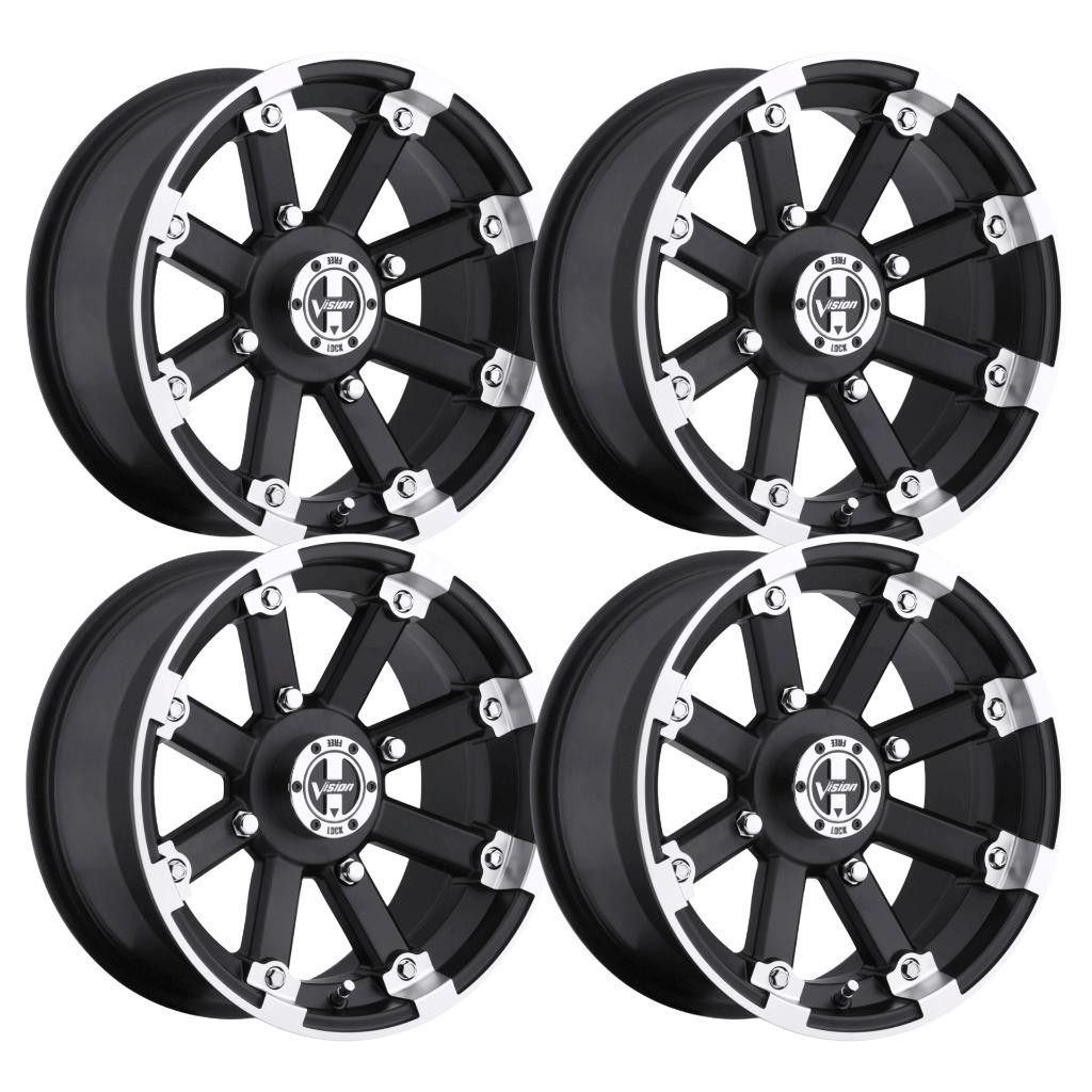 (Set-4) Vision ATV 393 Lockout 14x7 4x110 3mm Black Machined Wheels 14 inch