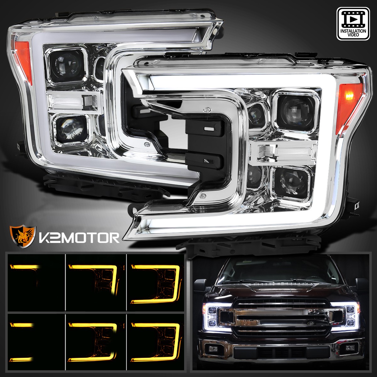 Fits 2018-2020 Ford F150 Projector Headlights+Switchback LED Sequential Signal
