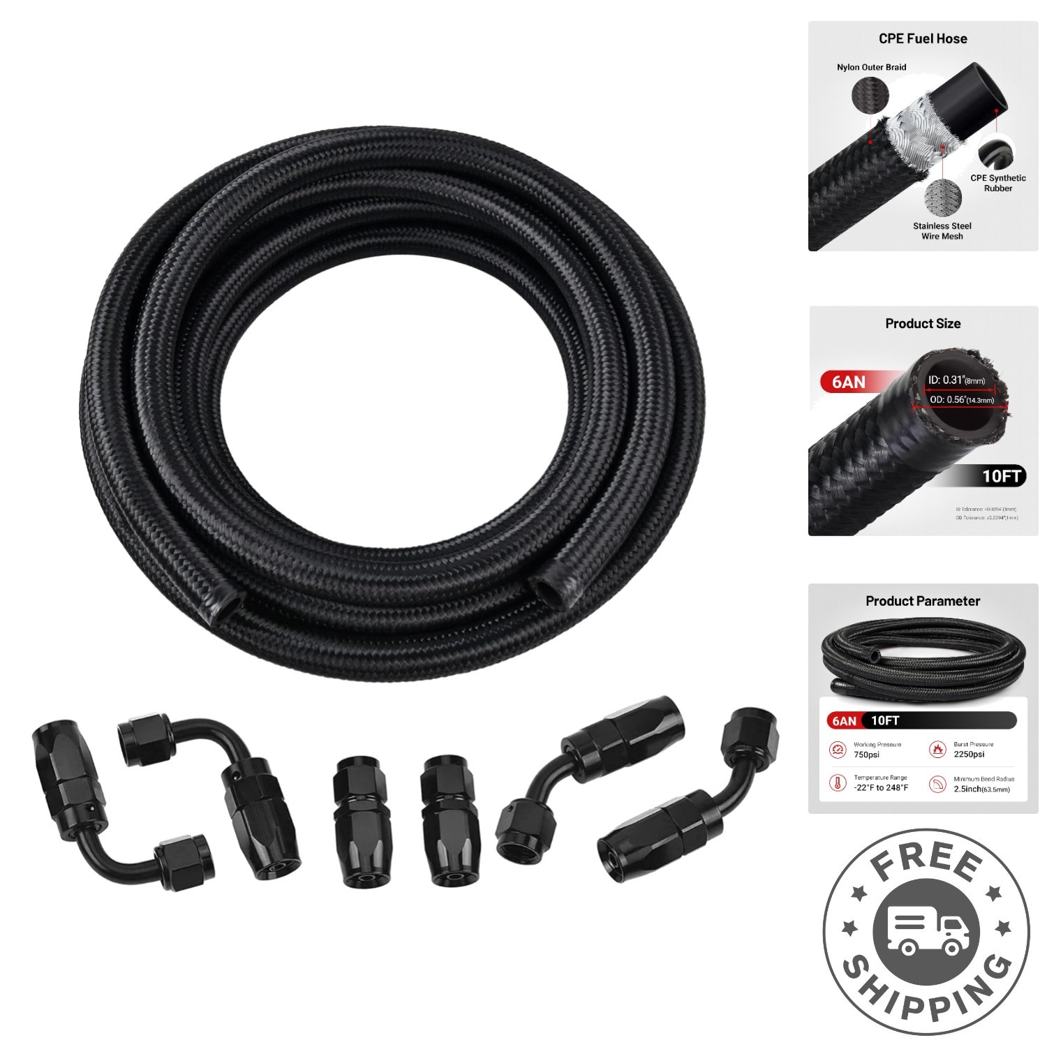 Versatile 10FT 6AN Nylon and Stainless Steel Fuel Hose, 750psi Working Pressure