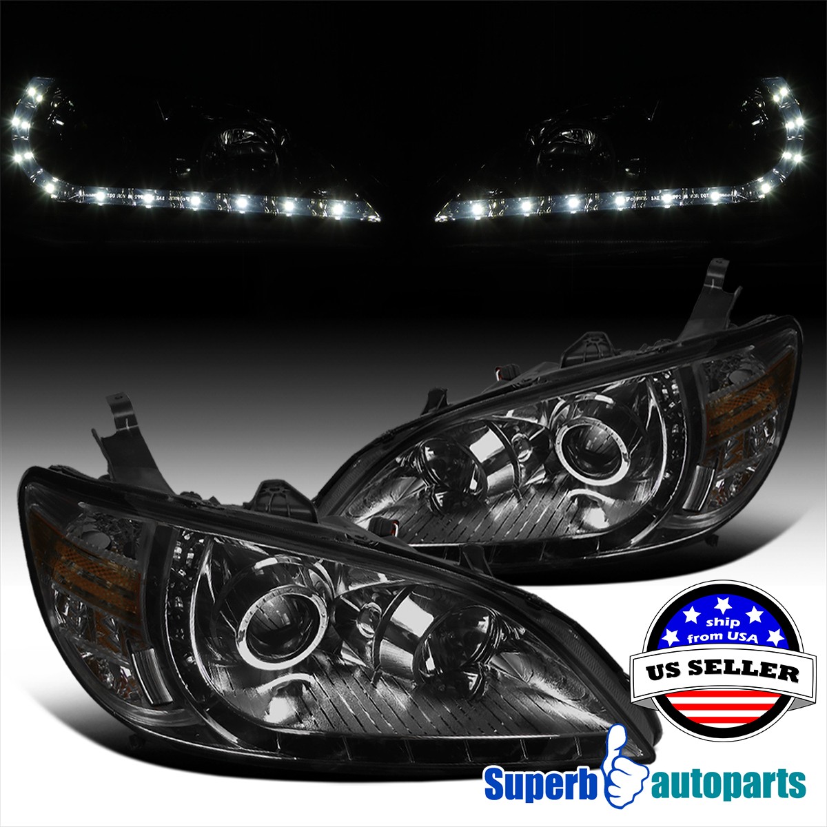 Fits 2004-2005 Honda Civic R8 Style Projector Head Lights Smoke Pair