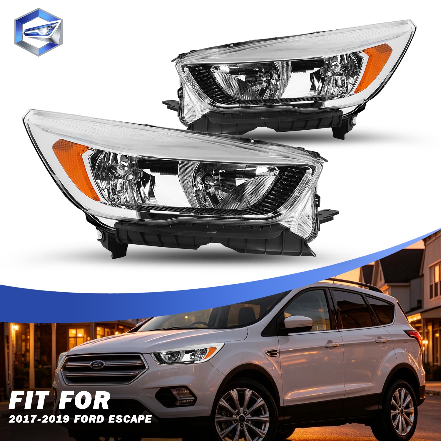 For 2017-2019 Ford Escape Halogen Chrome Headlights w/o LED DRL Headlamps Pair For 2017-2019 Ford Escape Halogen Chrome Headlights w/o LED DRL Headlamps Pair