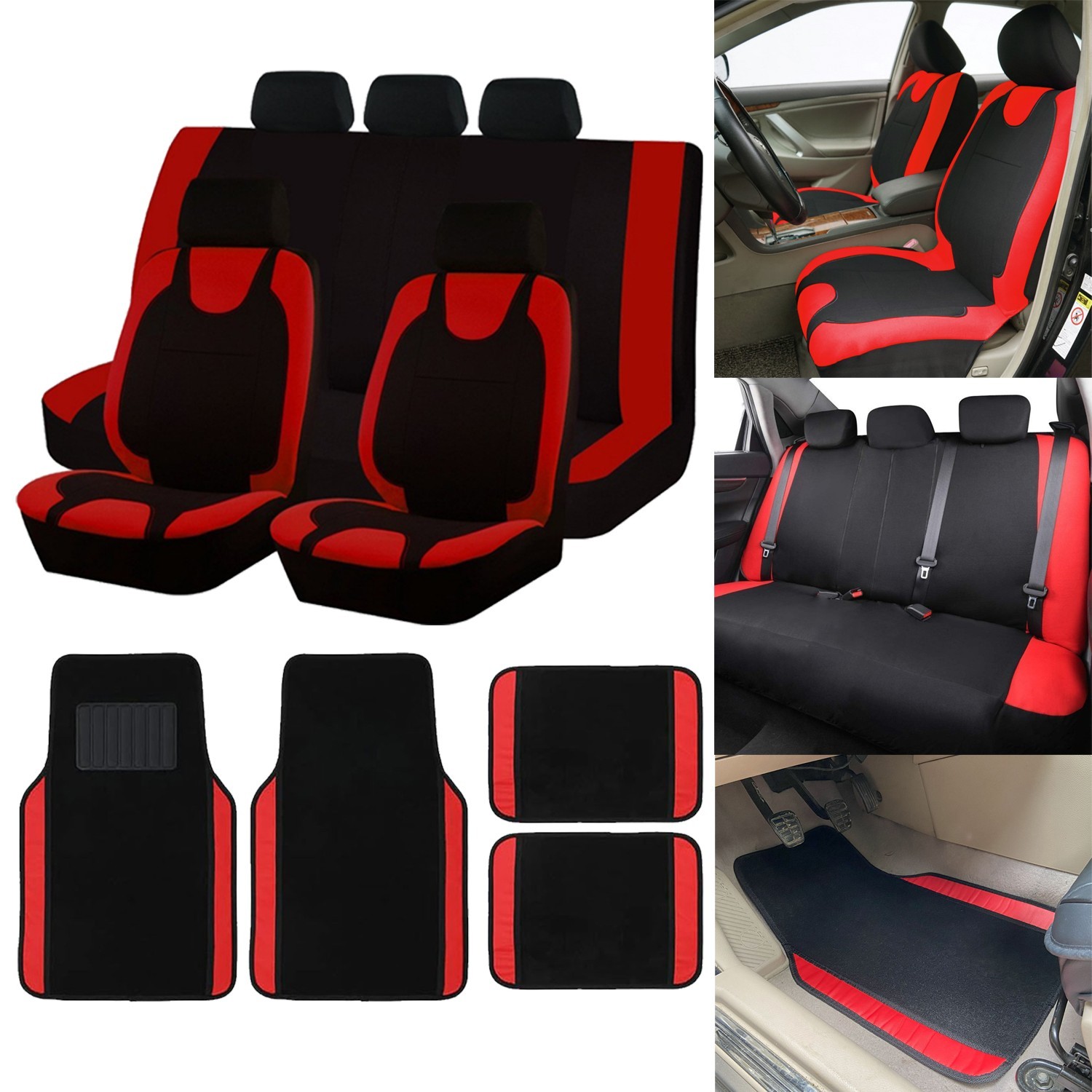 Universal Full Set Fabric Seat Covers Front Rear 5-Seats with Car Floor Mats Red