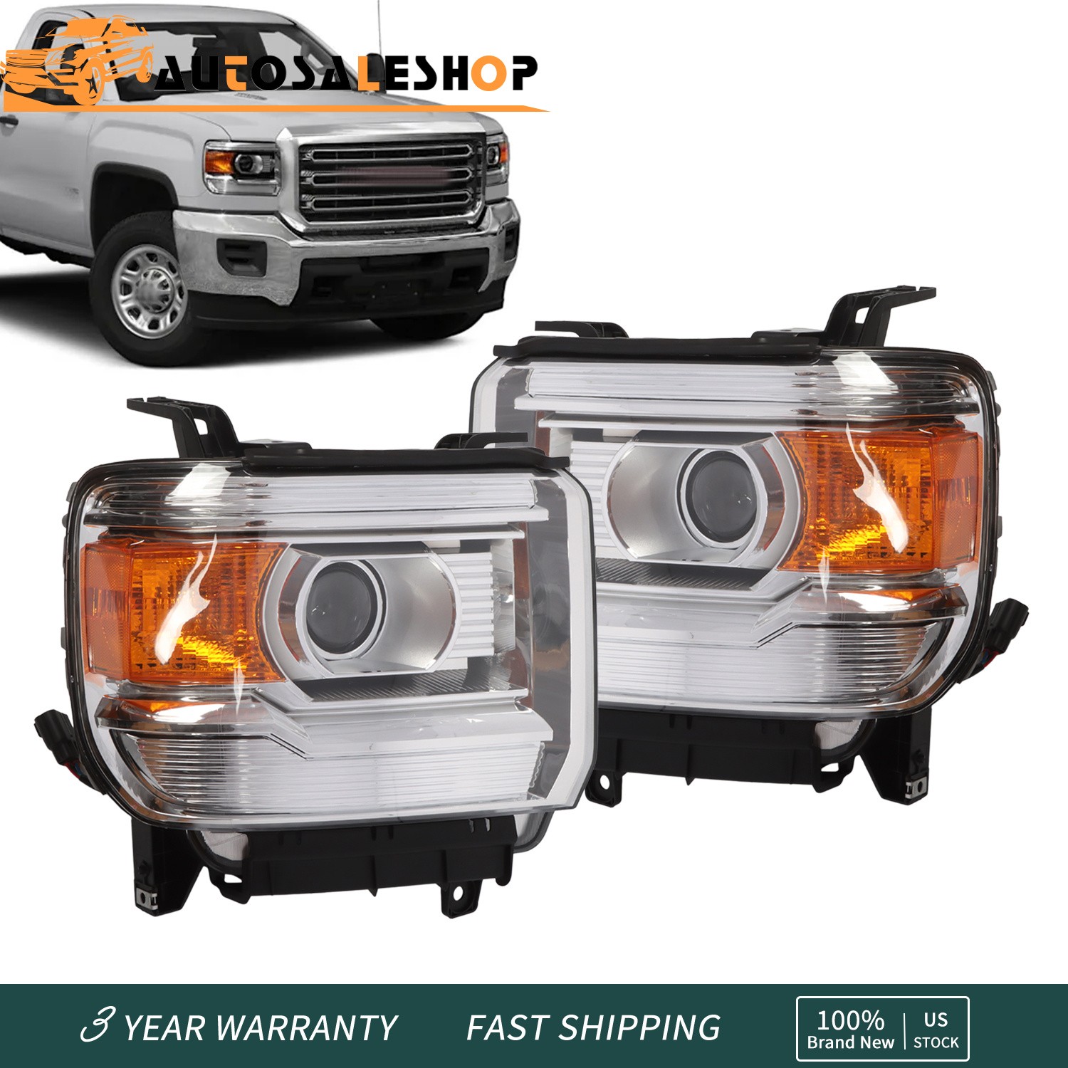 For 2014-2015 GMC Sierra 1500/15-19 2500 3500 Projector Chrome Headlights LH+RH