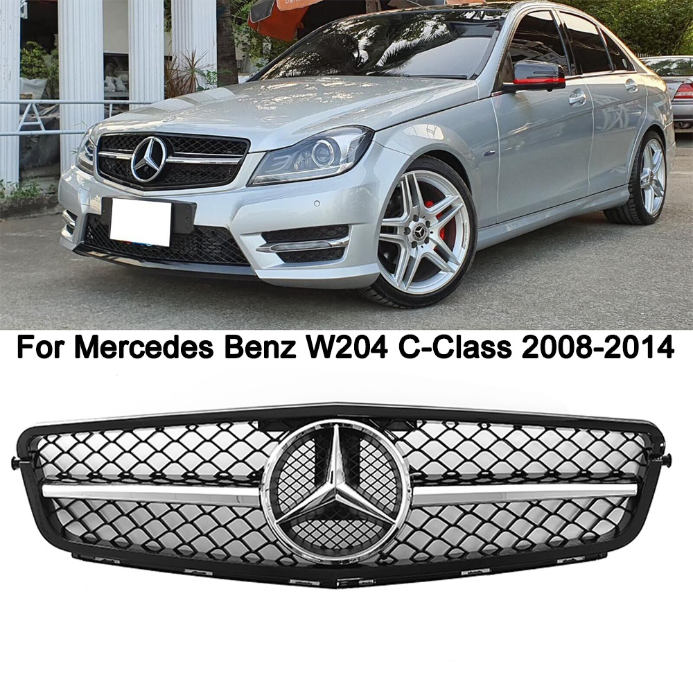  Black Chrome AMG Grill For Mercedes-Benz W204 C250 C300 C350 2008-2014 W/Emblem
