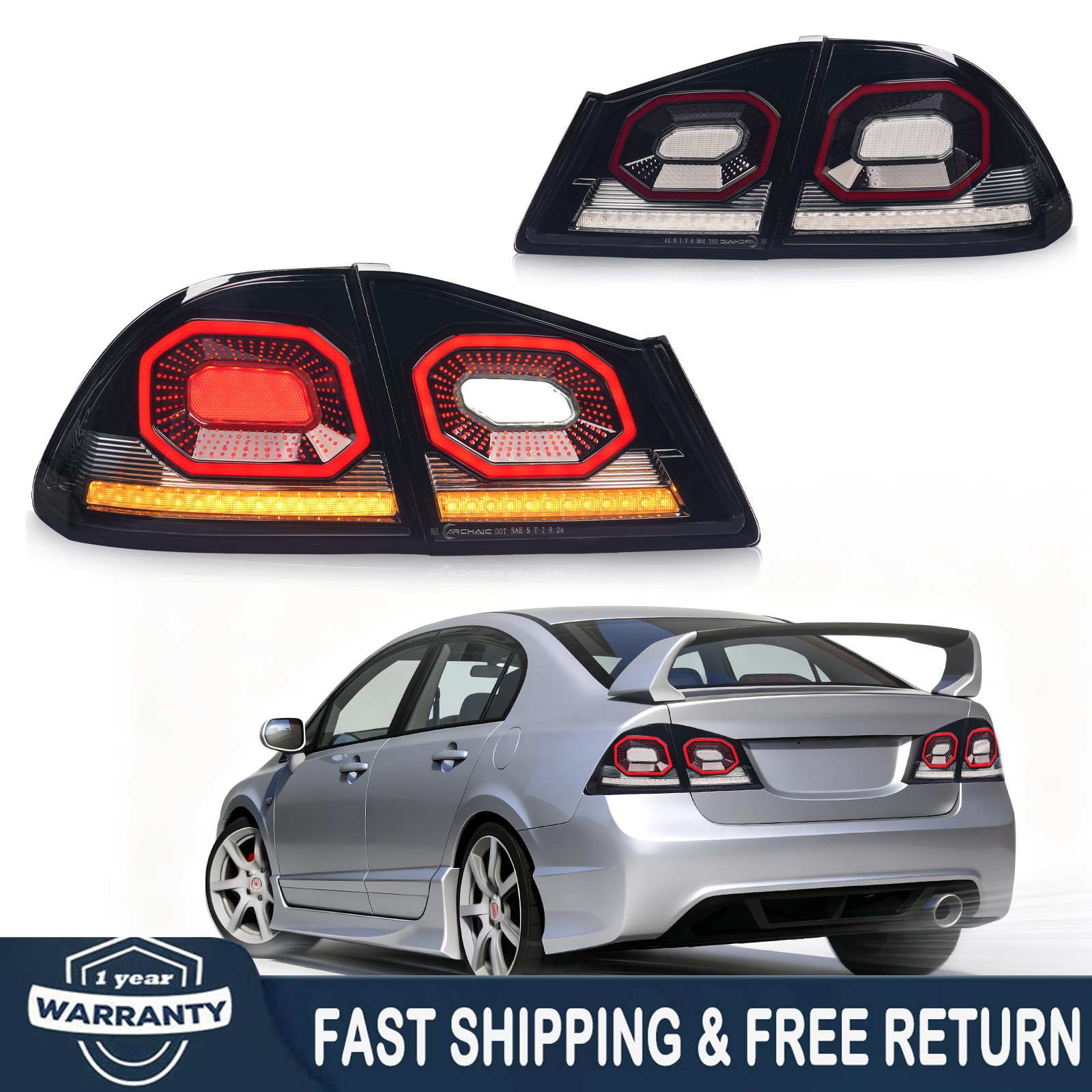 Pair LED Tail Lights For 2006-2012 Honda Civic 8th Gen FD Series FD2 TypeR Mugen