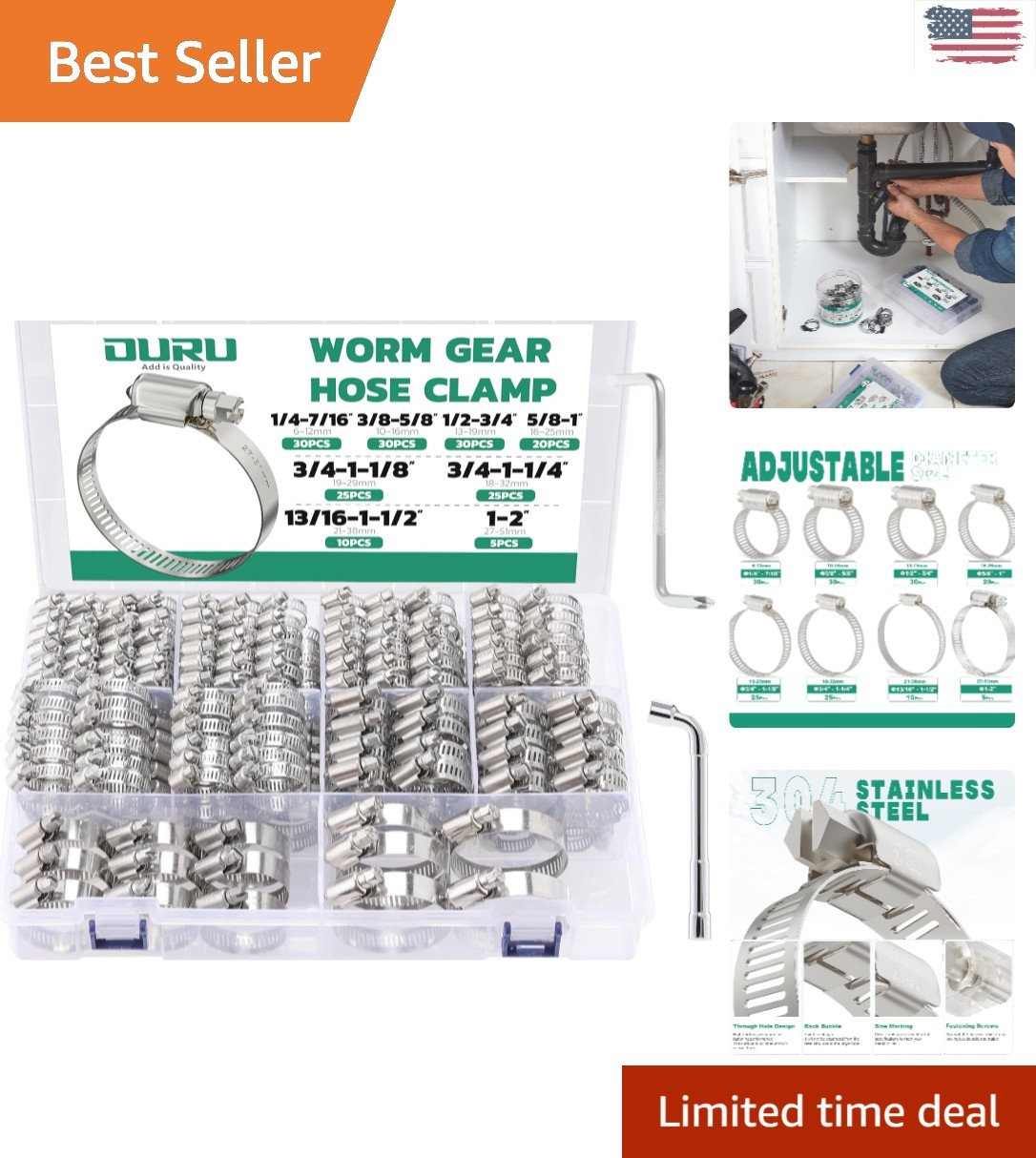 Versatile 175PCS Hose Clamp Assortment | 1/4\'\'-2\'\' Adjustable, Includes Tools