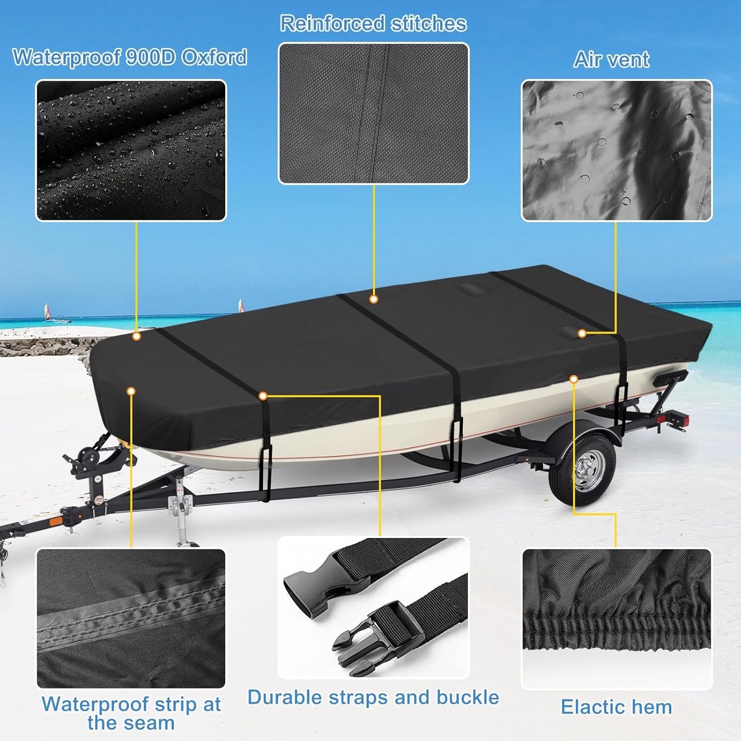 12FT-14FT 600D Heavy Duty Trailerable Jon Boat Cover Sun Protection Waterproof
