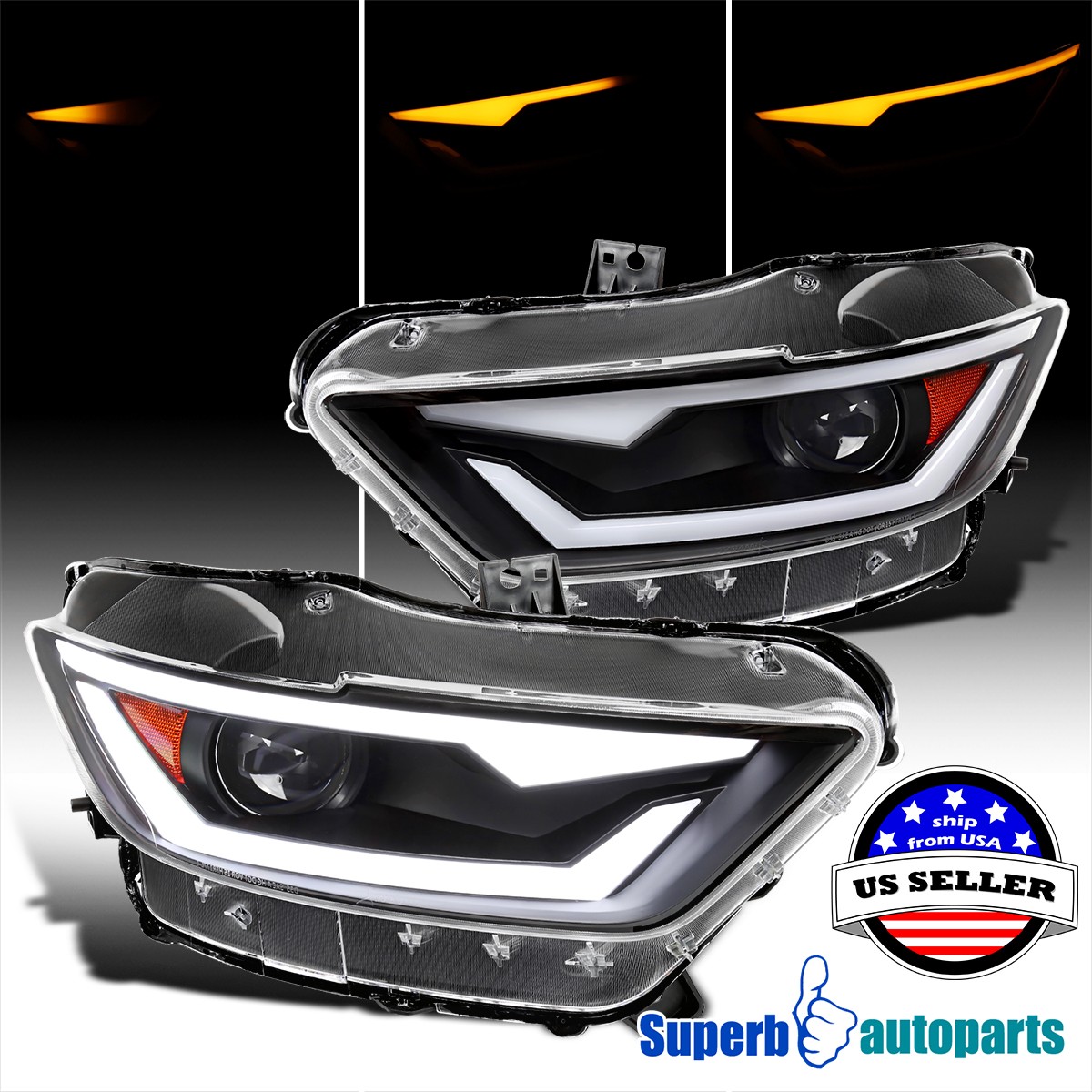 Fits 2015-2017 Ford Mustang Black Projector Headlights Shelby Switchback LED Fits 2015-2017 Ford Mustang Black Projector Headlights Shelby Switchback LED