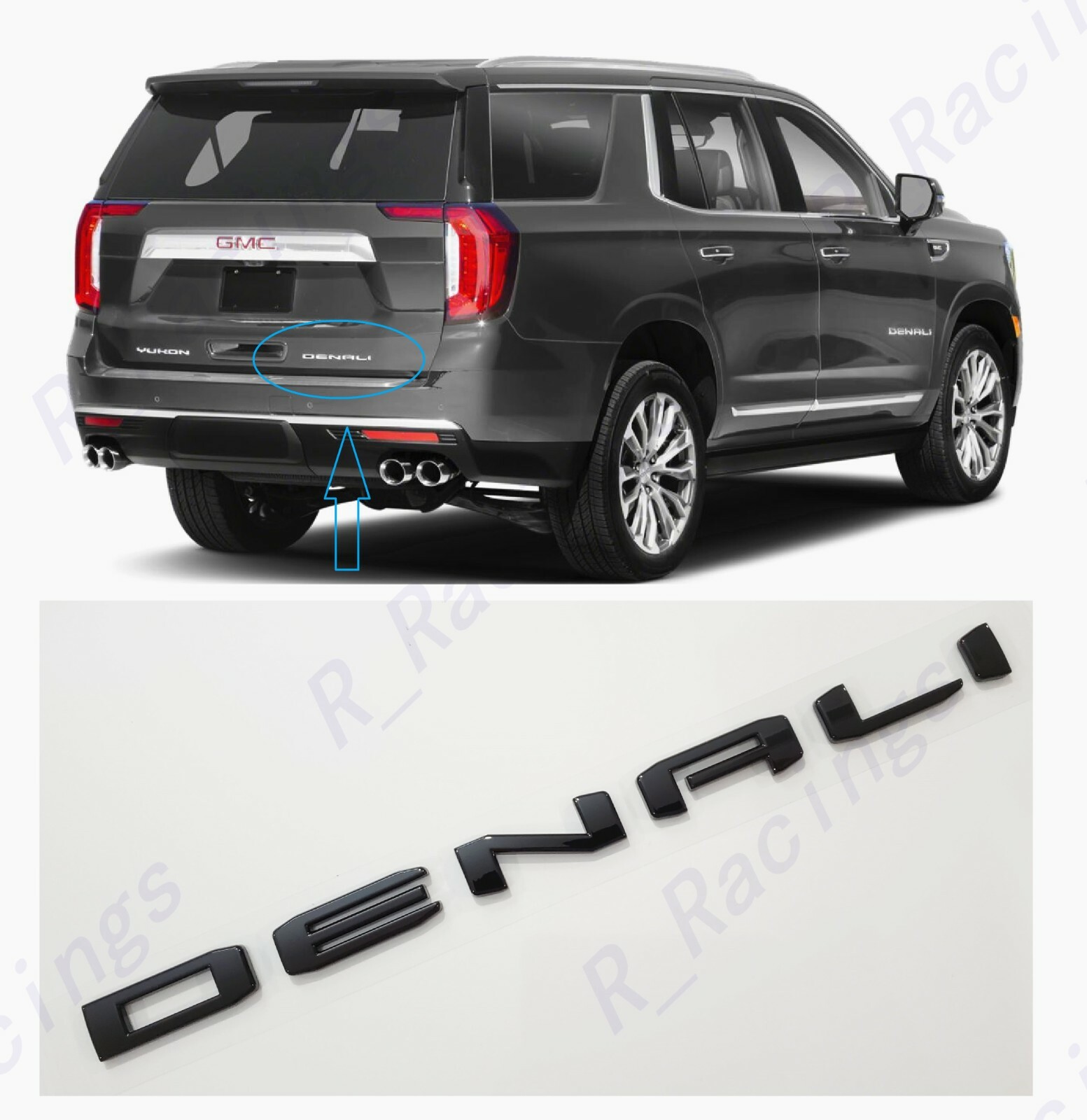 1pc Gloss Black Rear DENALI Emblems Letters Fit 2021+ GMC Yukon Yukon XL