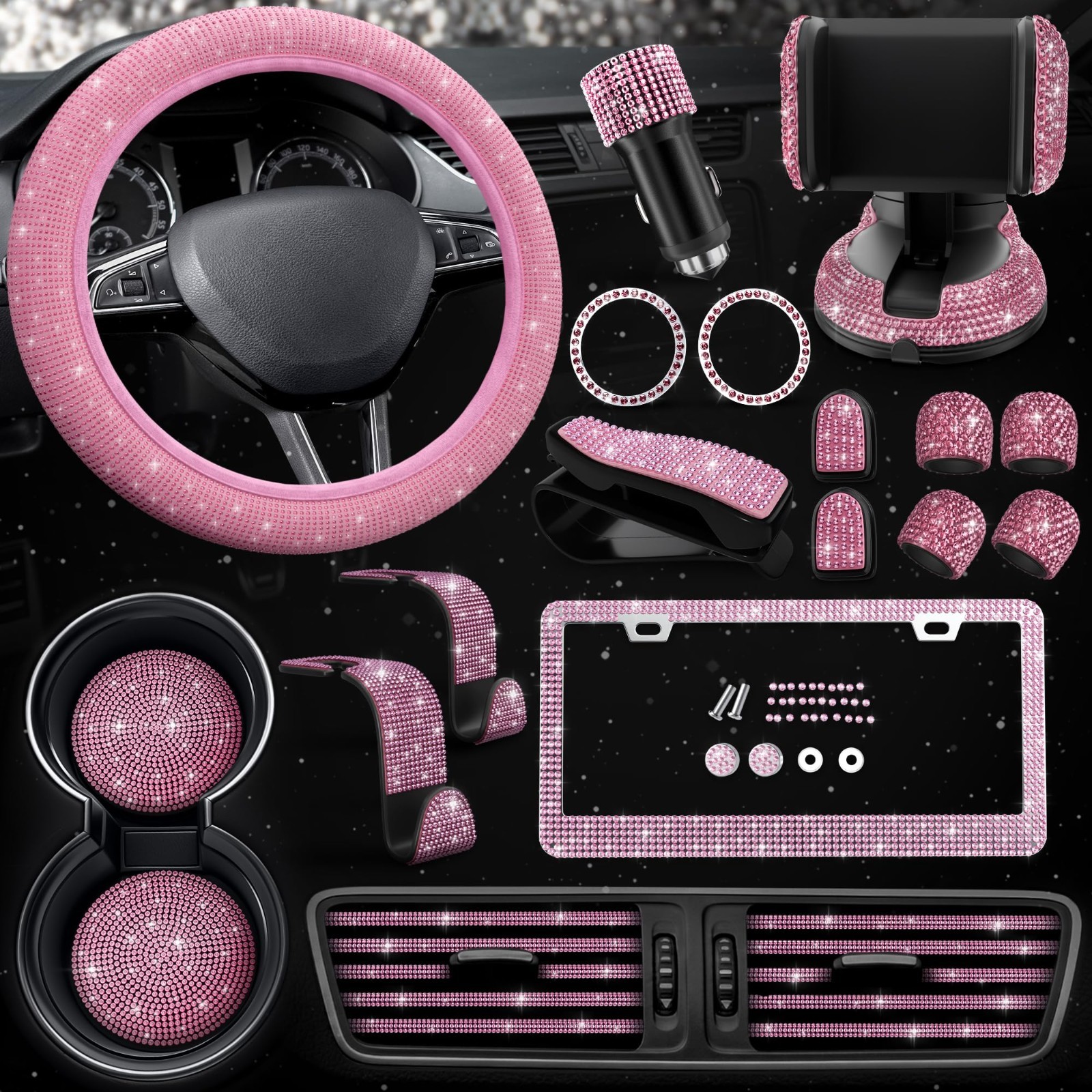27 Pcs Pink Bling Car Accessories Set for Women Drivers - Stylish & Fun Decor