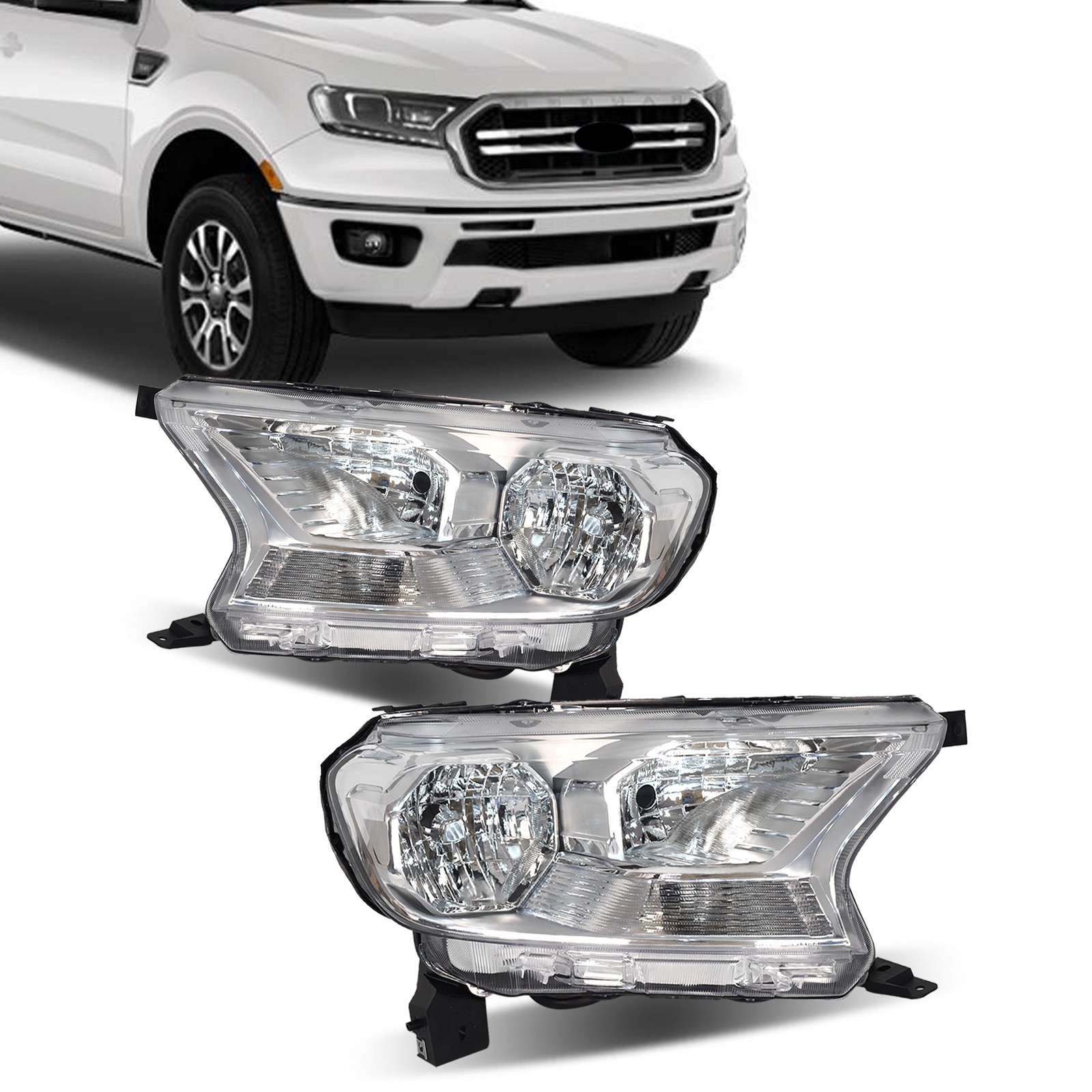 For Ford Ranger XL XLT 2019-2023 Chrome Housing Clear Corner Headlight Headlamp