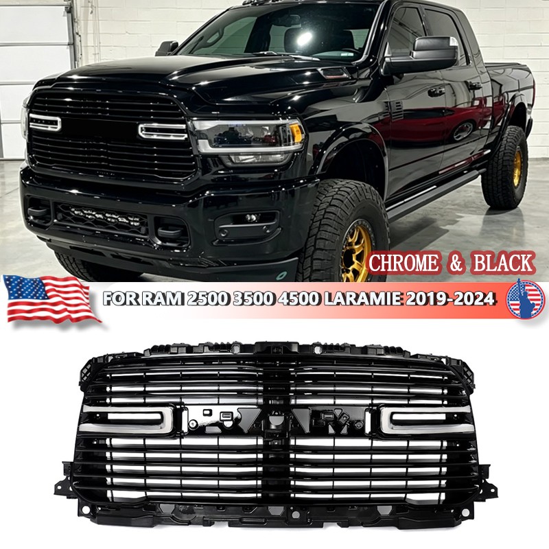 Chrome & Black Front Bumper Grille Grill For 2019-2024 Ram 2500 3500 Tradesman