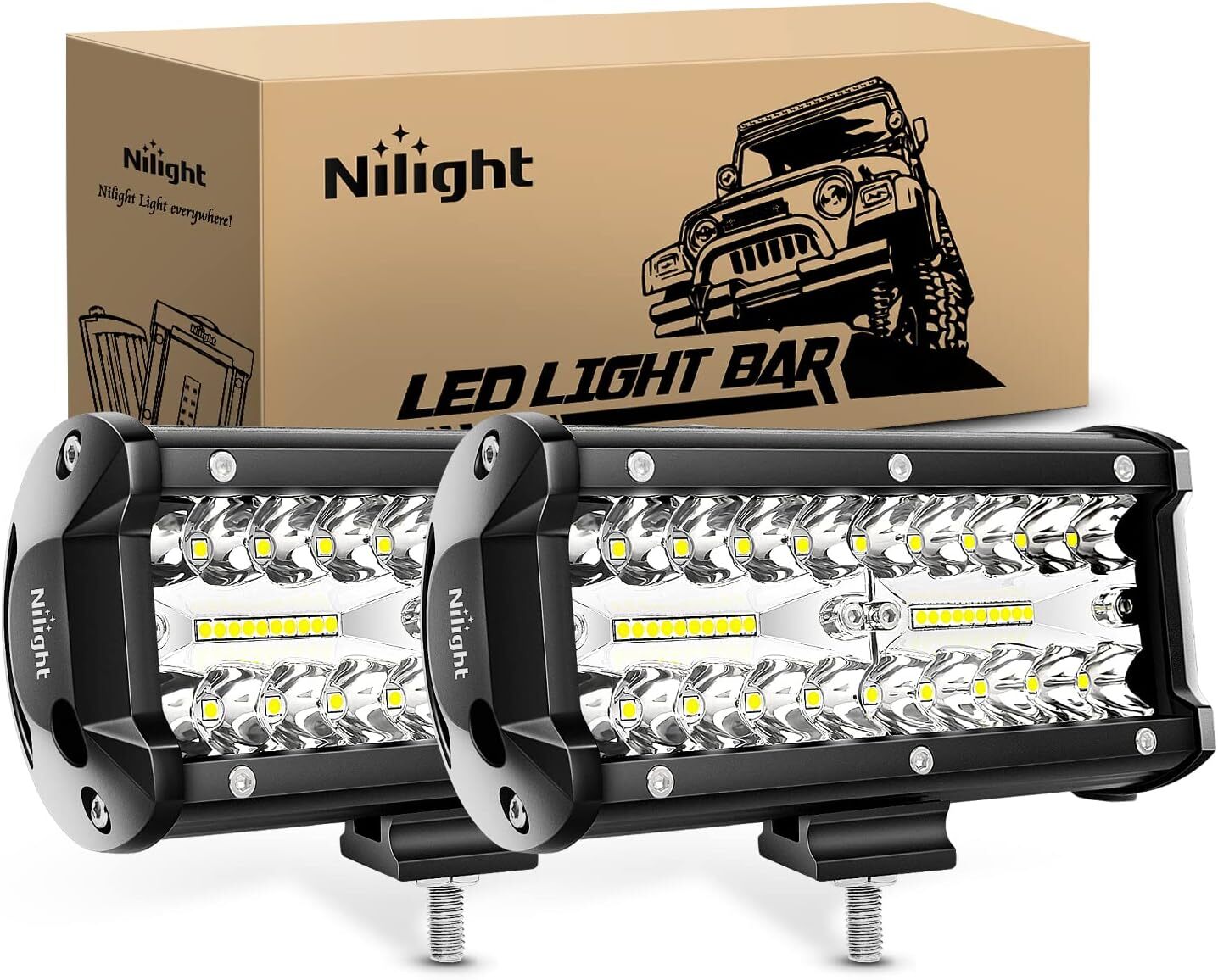 Nilight 6.5Inch 2PCS 120W Spot & Flood Combo Bar Driving Led Work Light