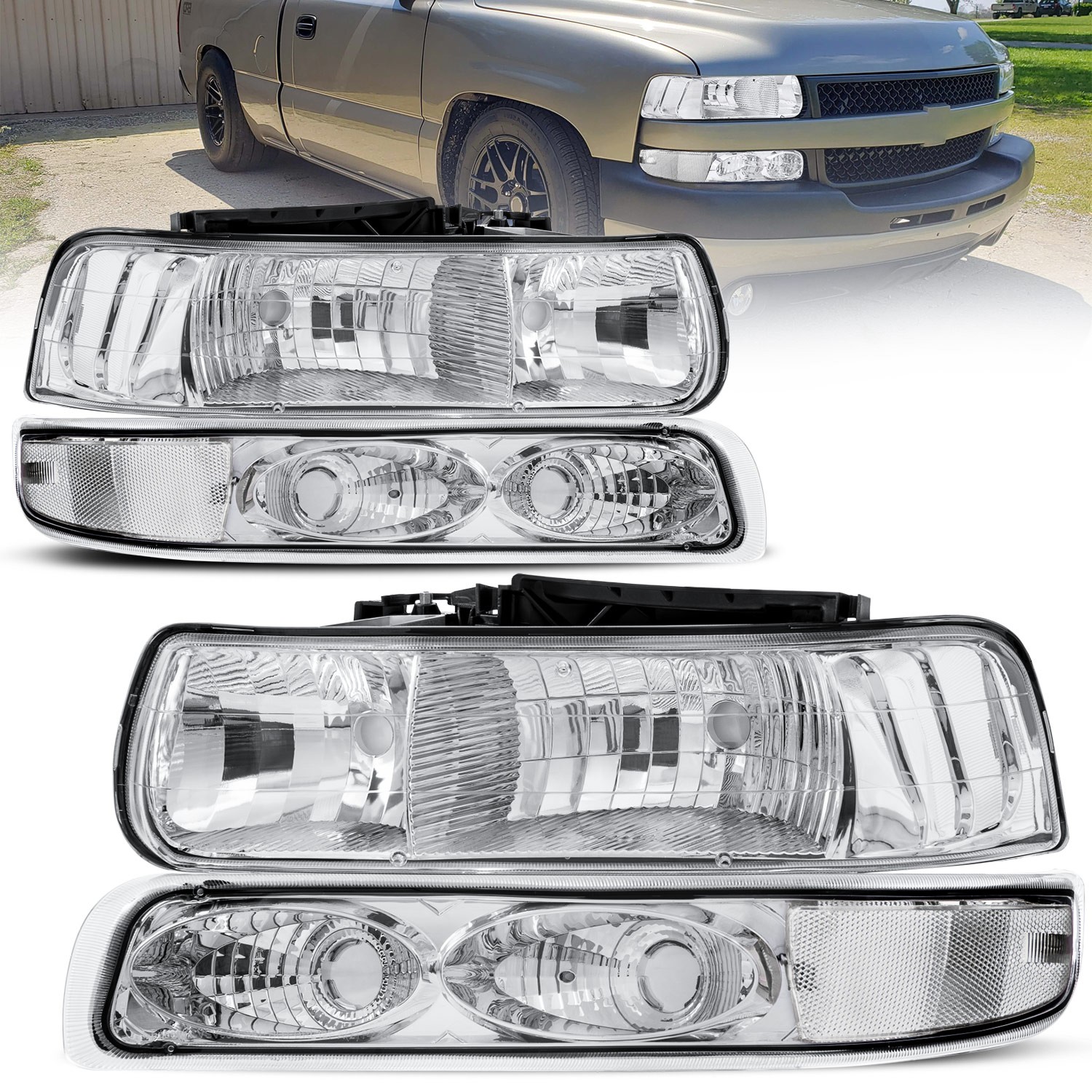 2X Chrome Headlights & Bumper Lamps For 99-02 Chevy Silverado 1500 00-06 Tahoe