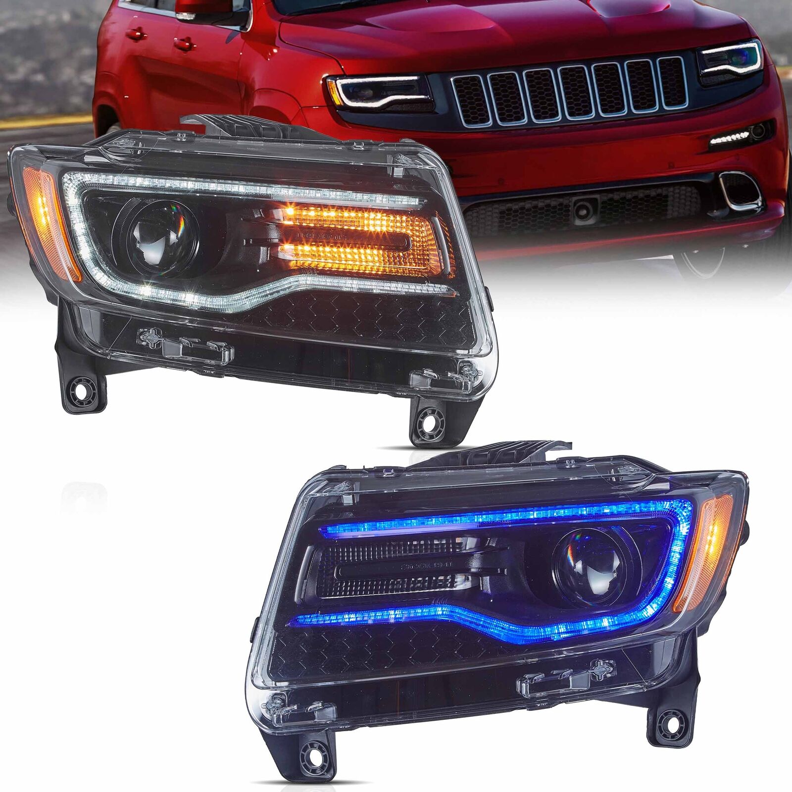 VLAND Full LED Headlights For 2011-2013 Jeep Grand Cherokee W/Blue Animation Set