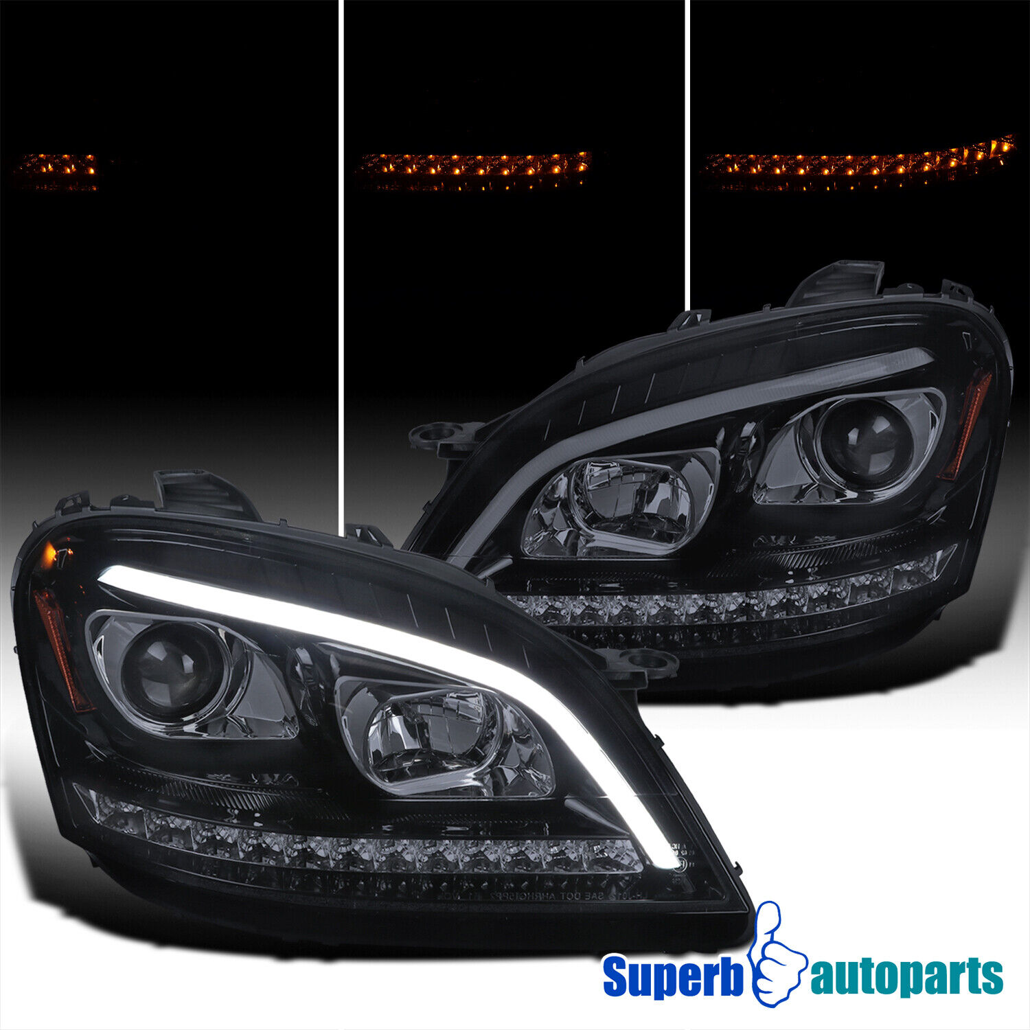 Fit 06-08 Mercedes Benz ML350 Smoke Projector Headlights Sequential LED Signal