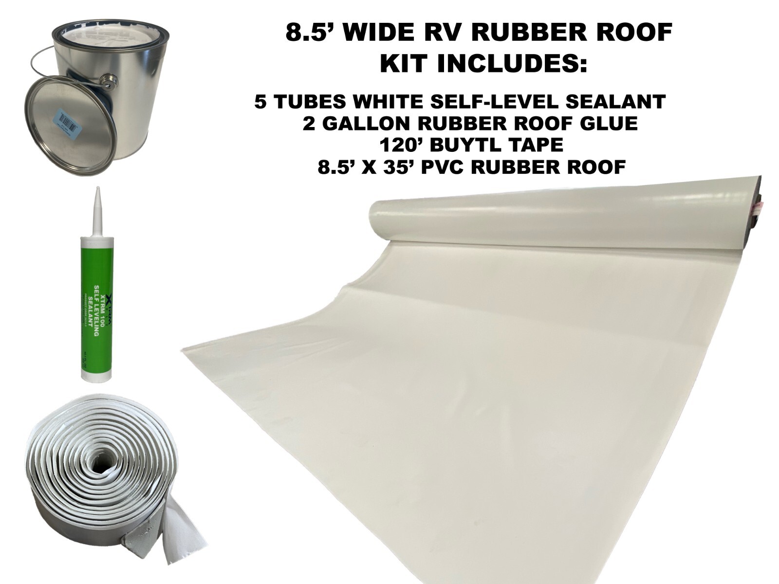 8.5' Width x 35' Length PVC RV Rubber Roof Installation Kit Bright White