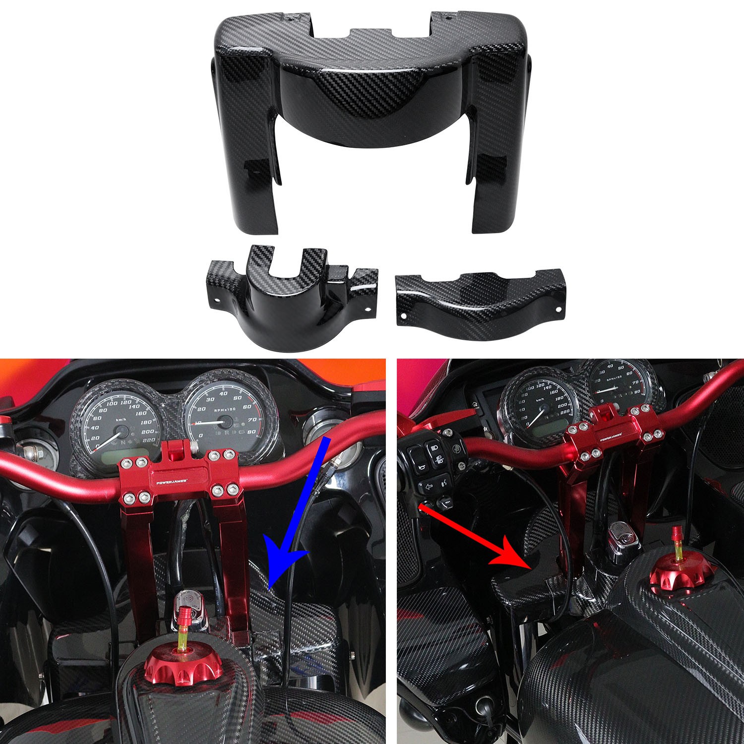 Carbon Fiber 3 in 1 Ignition & Fork Trim Cover for 15-23 Road Glide Upper Risers