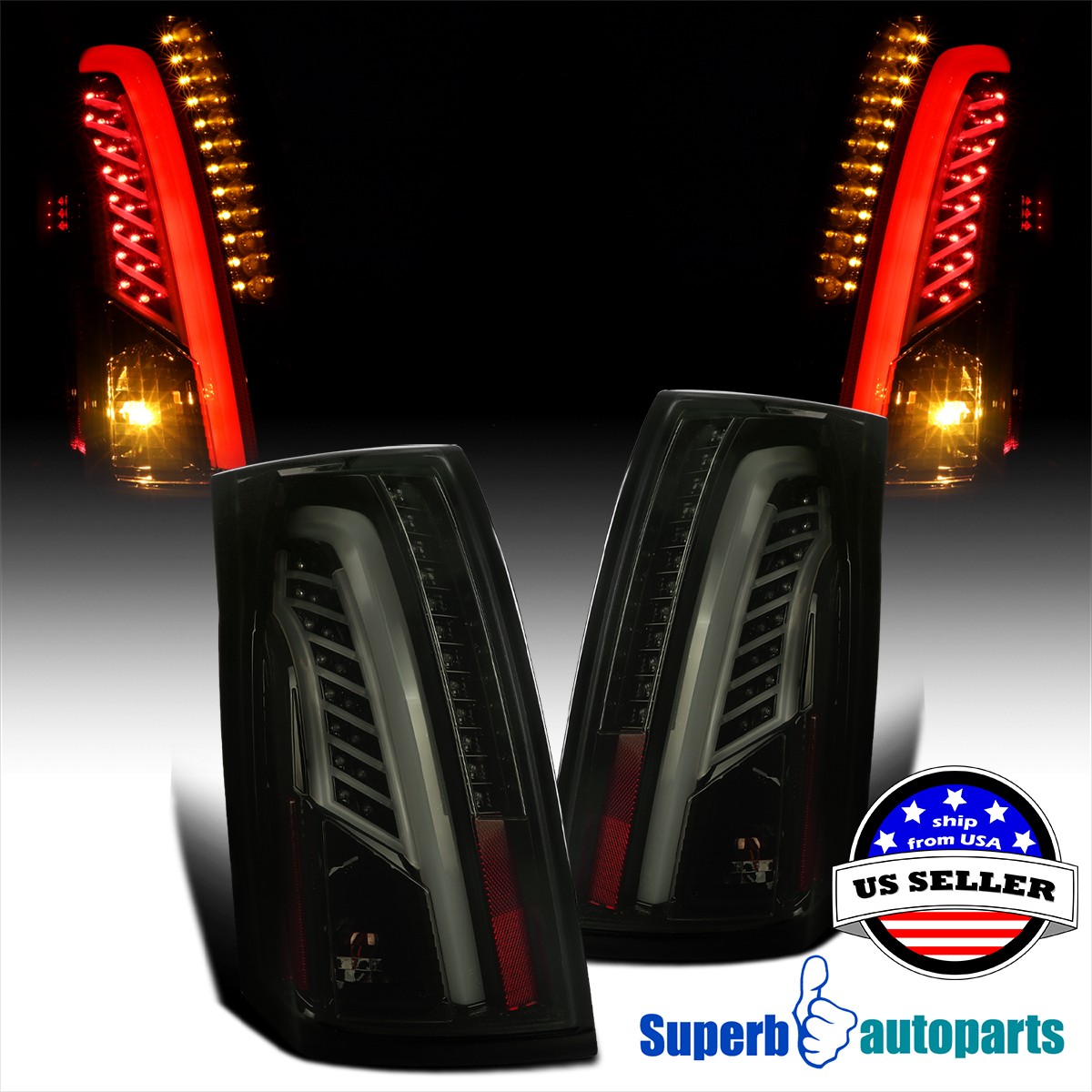 Fits 2003-2007 Cadillac LED Bar CTS Glossy Black Smoke Tail Brake Lights