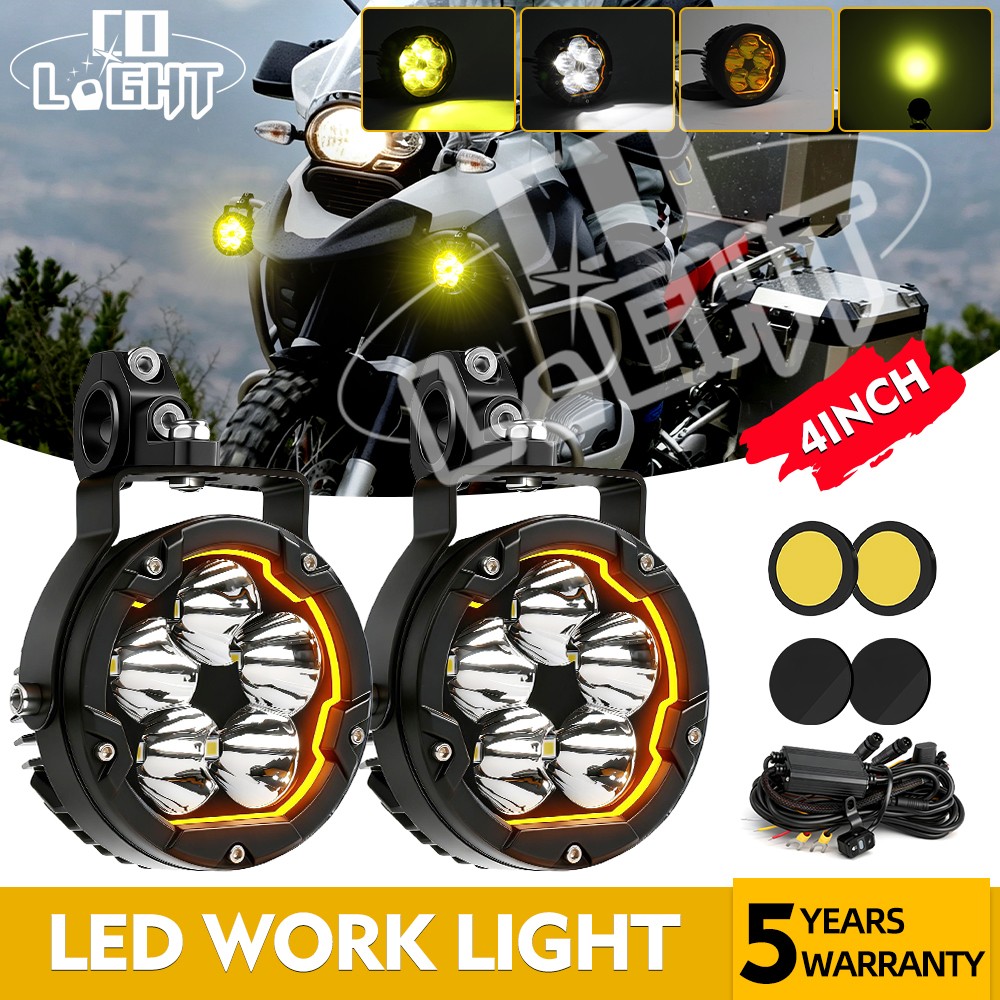 2X Motorcycle Headlights LED Auxiliary Driving Fog Lamp Spot Lights White+Yellow