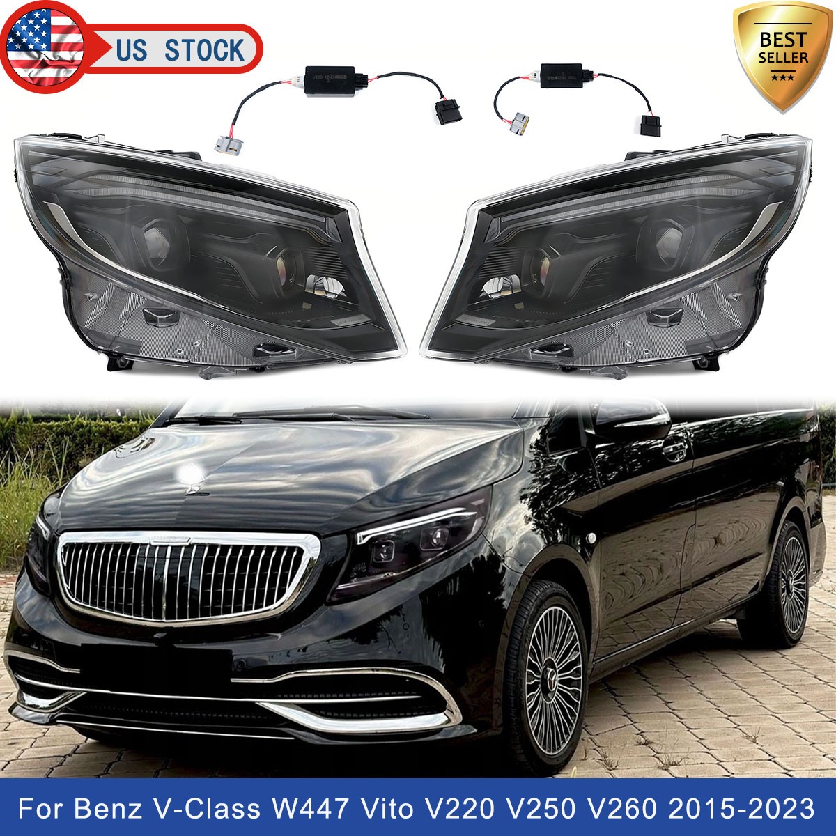 Pair LED Front Headlights For Mercedes Benz V-Class W447 Vito V220 V250 2015-23