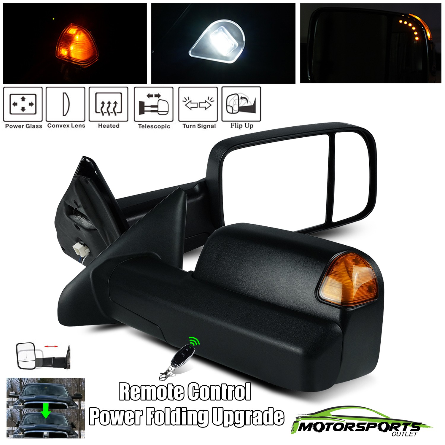 For 2009-2018 Dodge Ram Power Folded Telescopic Amber Signal Towing Mirrors