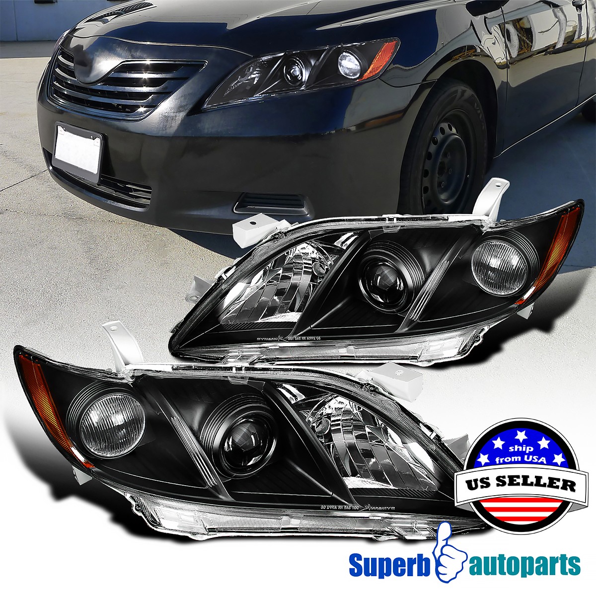 Fits 2007-2009 Toyota Camry Projector Headlights Black Head Lamps 07-09 Pair