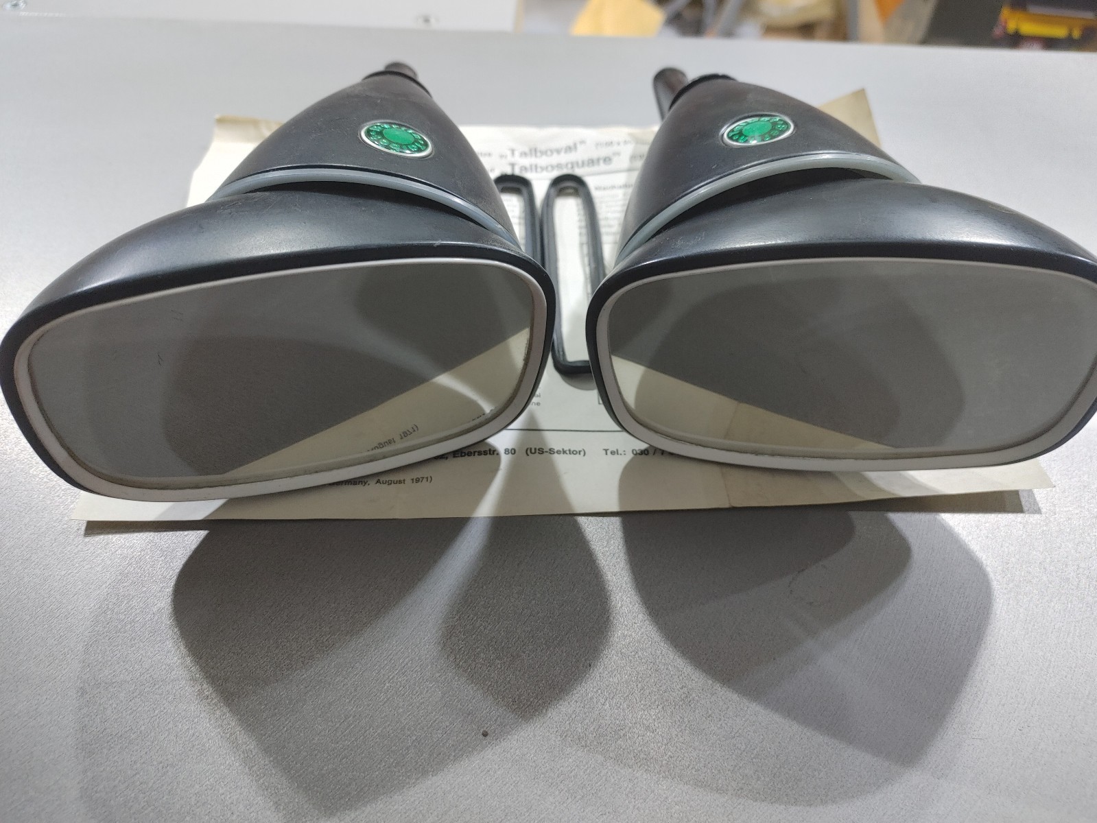 NOS Pair of Green Dot Talbot Berlin 333 Oval Head Aluminum Racing Mirrors black