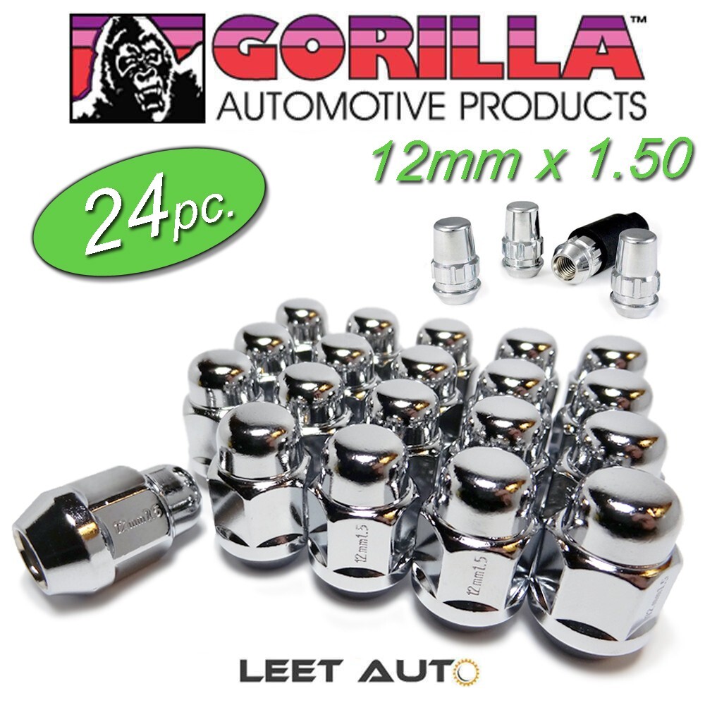 (24pc.) Gorilla Lug Nuts + Wheel Locks combo, 12x1.5 Thread, Bulge Acorn, Chrome