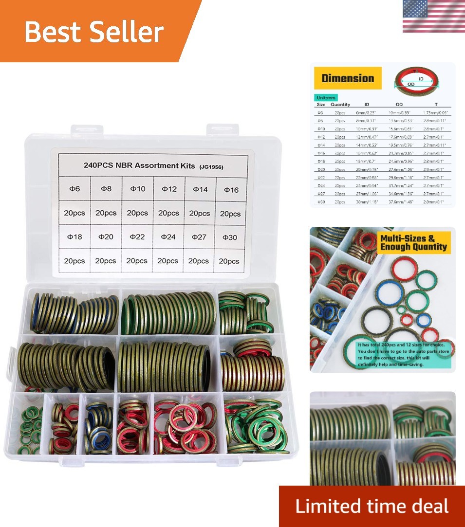 240pcs NBR Metal Bonded Sealing Washer Assortment Kit 12 Sizes for Hydraulic Oil