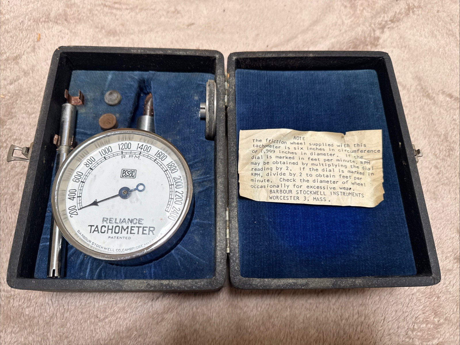 VTG Barbour Stockwell Co. Reliance Tachometer 200-2400 RPM White Dial w/Box VTG Barbour Stockwell Co. Reliance Tachometer 200-2400 RPM White Dial w/Box