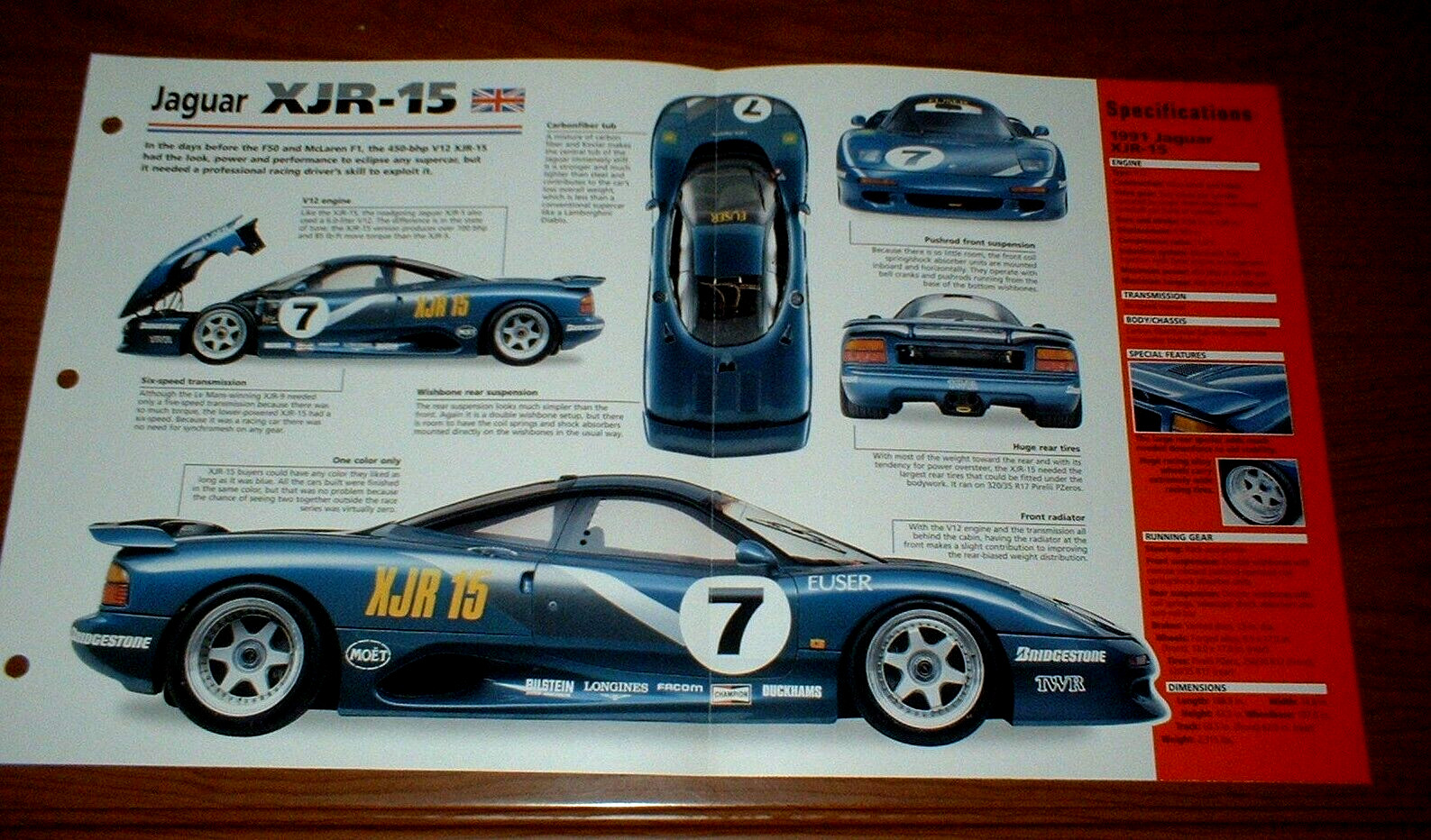 1991 JAGUAR XJR-15 SPEC SHEET BROCHURE INFO PHOTO 91 SPORT LE MANS RACING