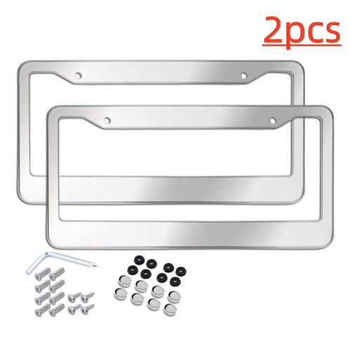 2pcs Stainless Steel License Plate Frame Chrome Metal Tag Cover with Screw Caps