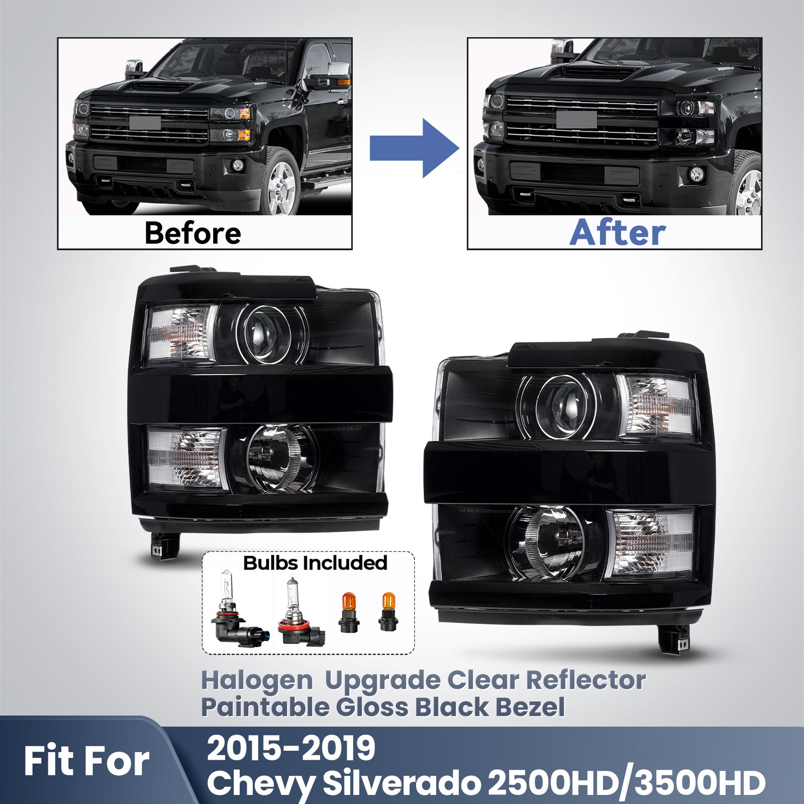 For 2015-2019 Chevy Silverado 2500HD 3500HD Black Clear Projector Headlight Pair