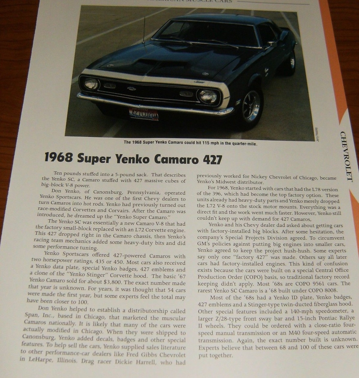 1968 Chevy Yenko Camaro 427 Specs Info Photo 68 SC L72 COPO
